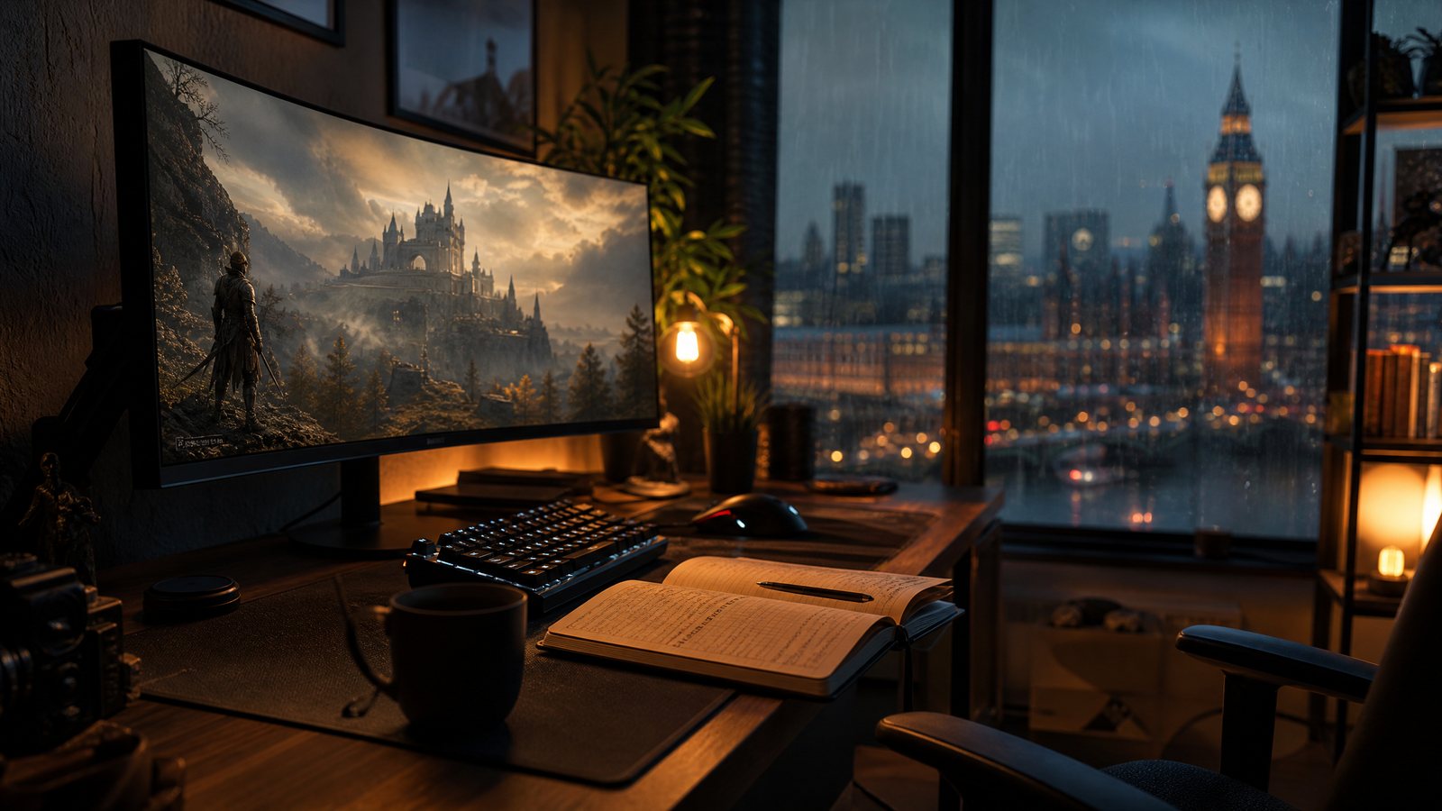 Desk with monitor showing a fantasy castle