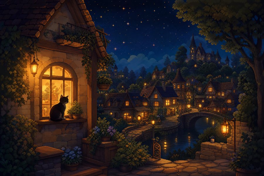Illustrated village lit by lanterns