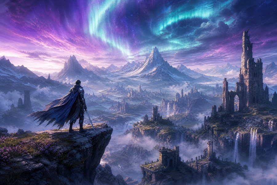 Traveller overlooking a fantasy valley