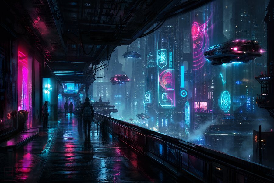 Neon city walkway at night